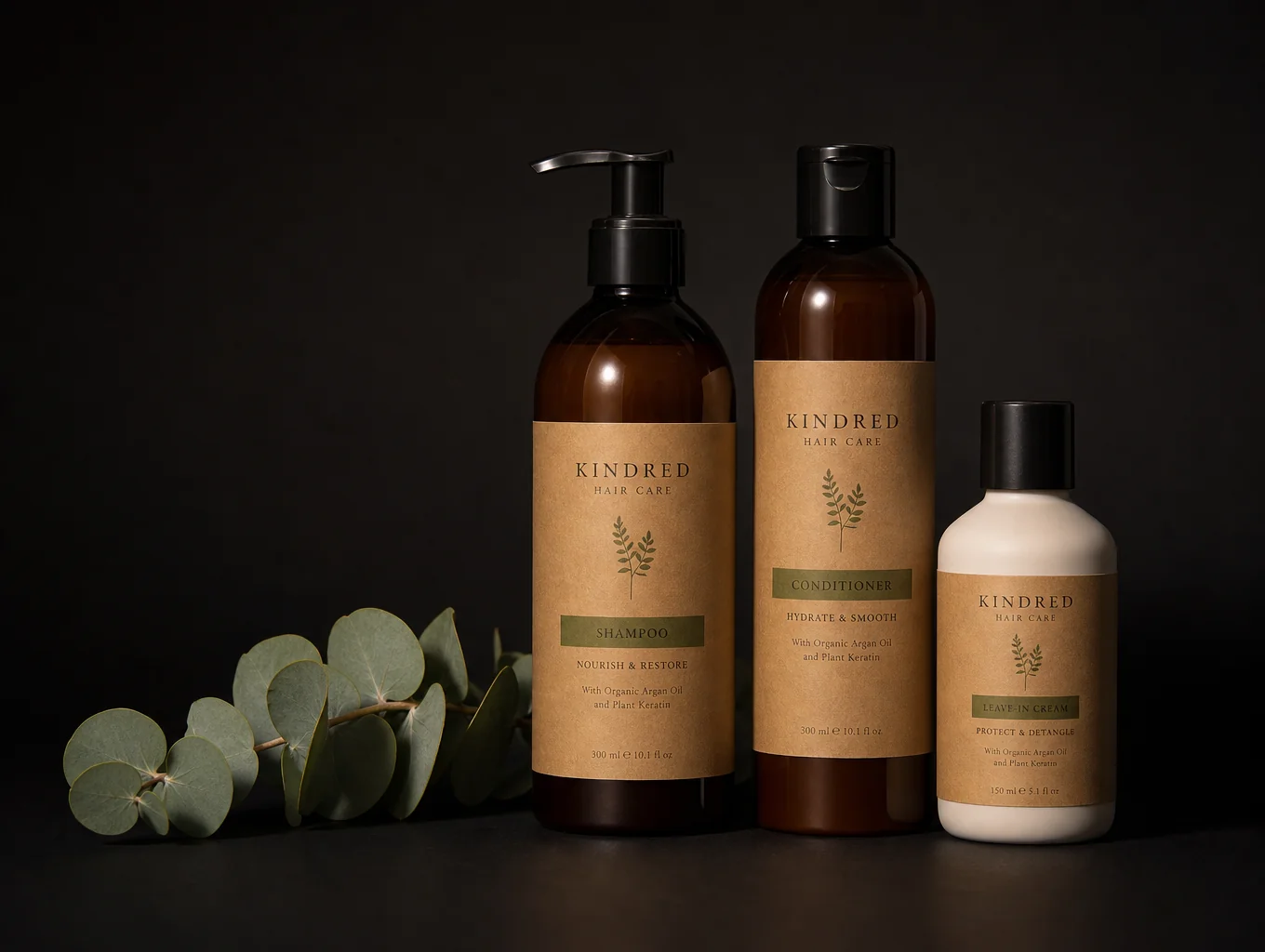 Minimalist private label hair care formulation bottles in a dark studio setting