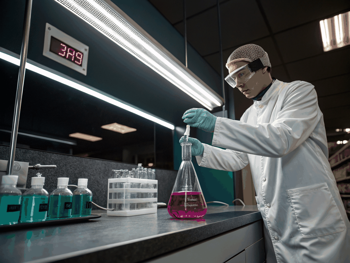 Lab technician precisely formulating hair care solution in a beaker