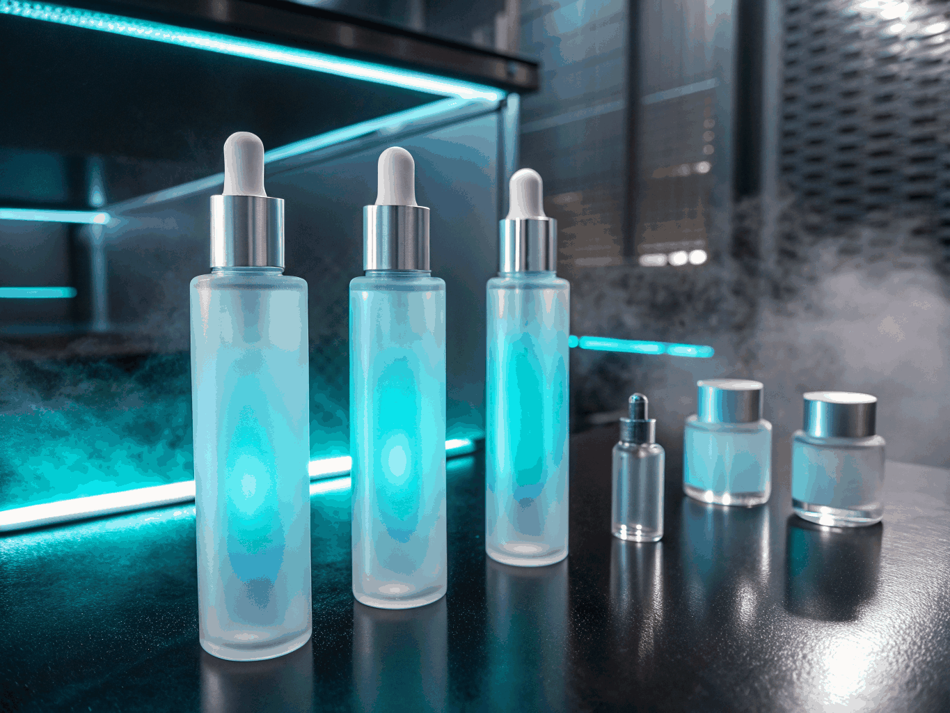 Minimalist blank cosmetic bottles and jars arranged on studio slate