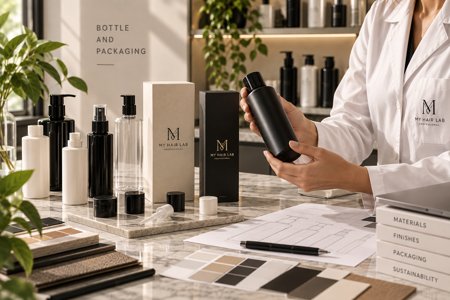 Minimalist hair care bottles and packaging