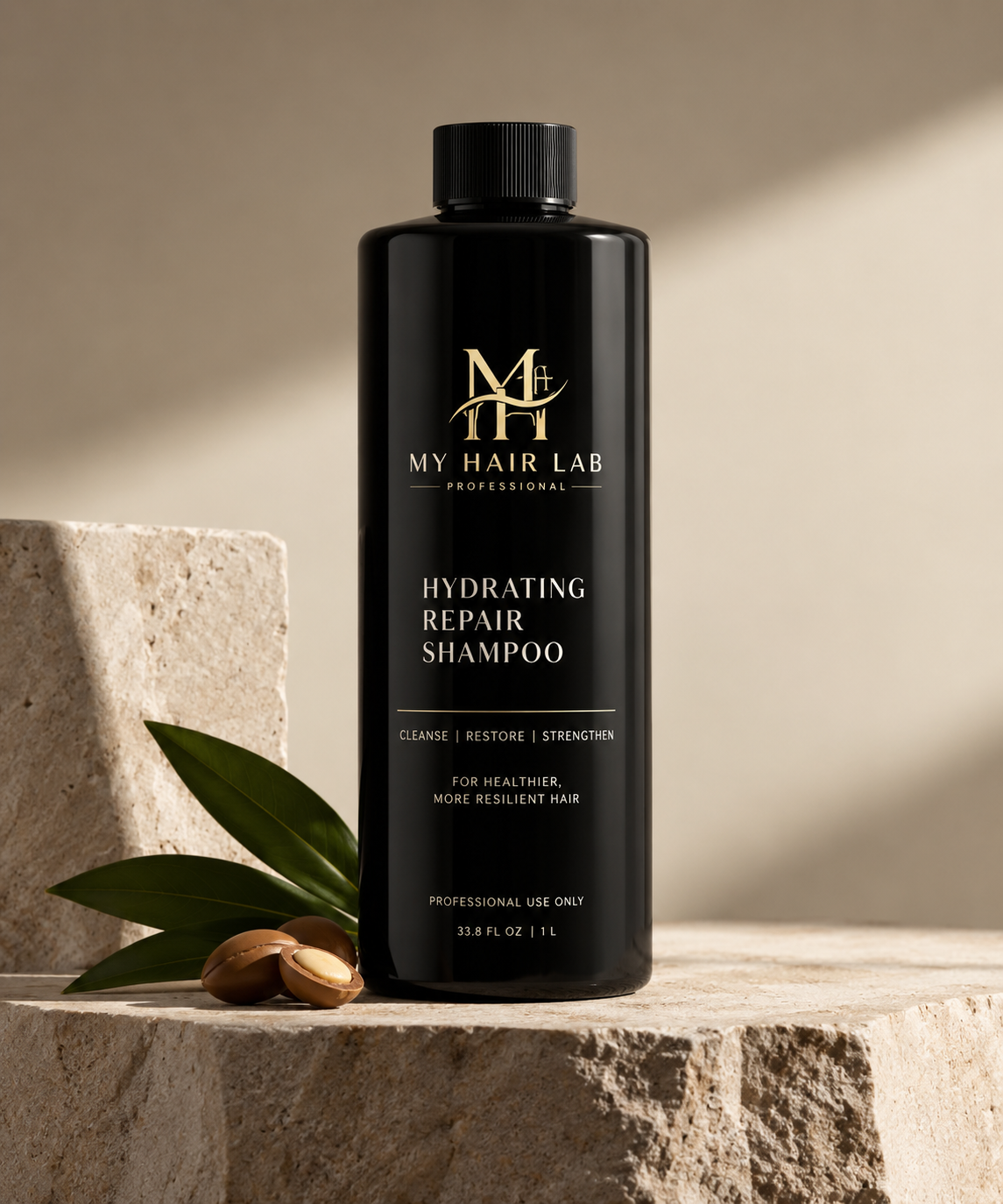 Hydrating repair shampoo bottle on dark stone surface