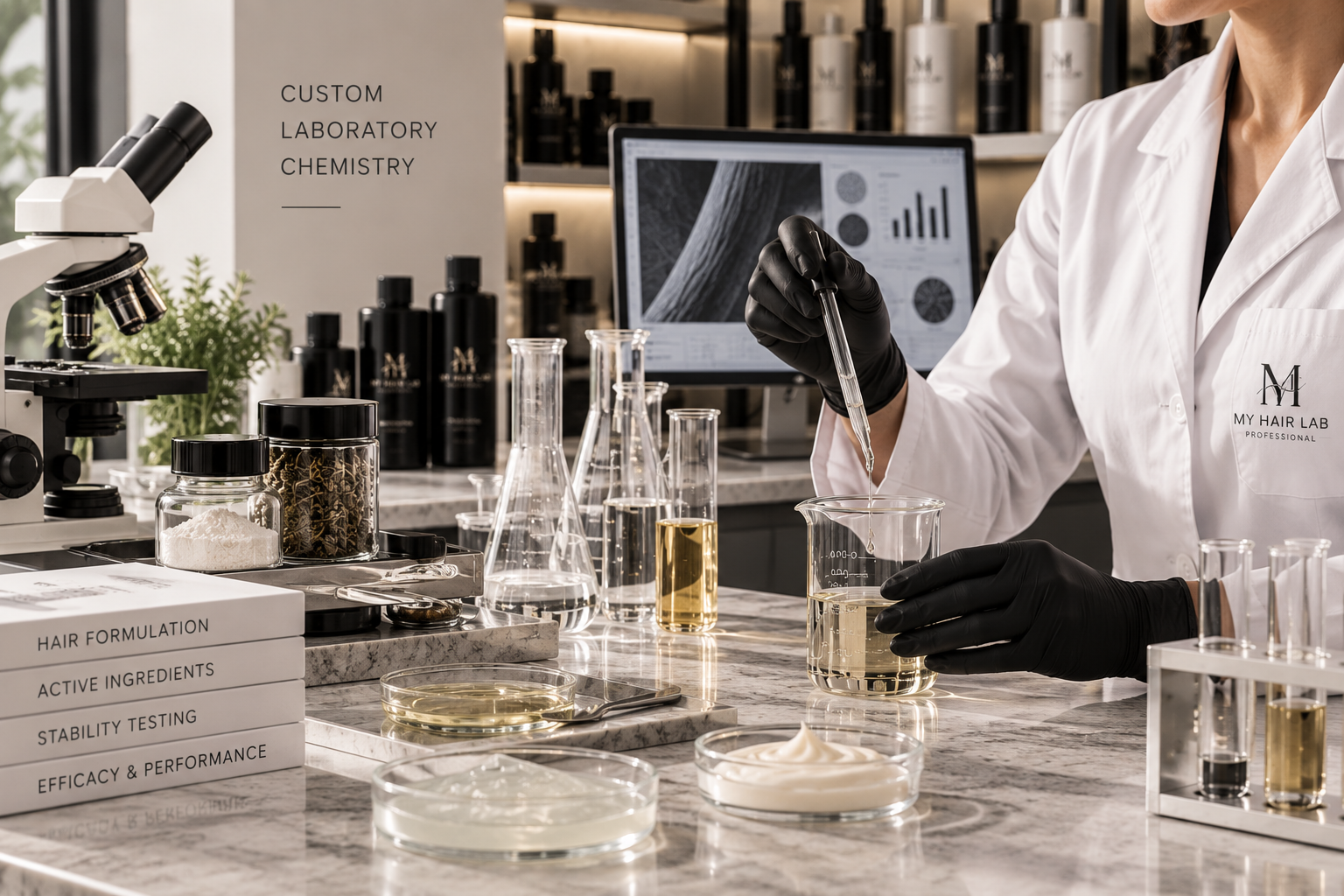 Custom hair formulation developing in amber glass laboratory beaker
