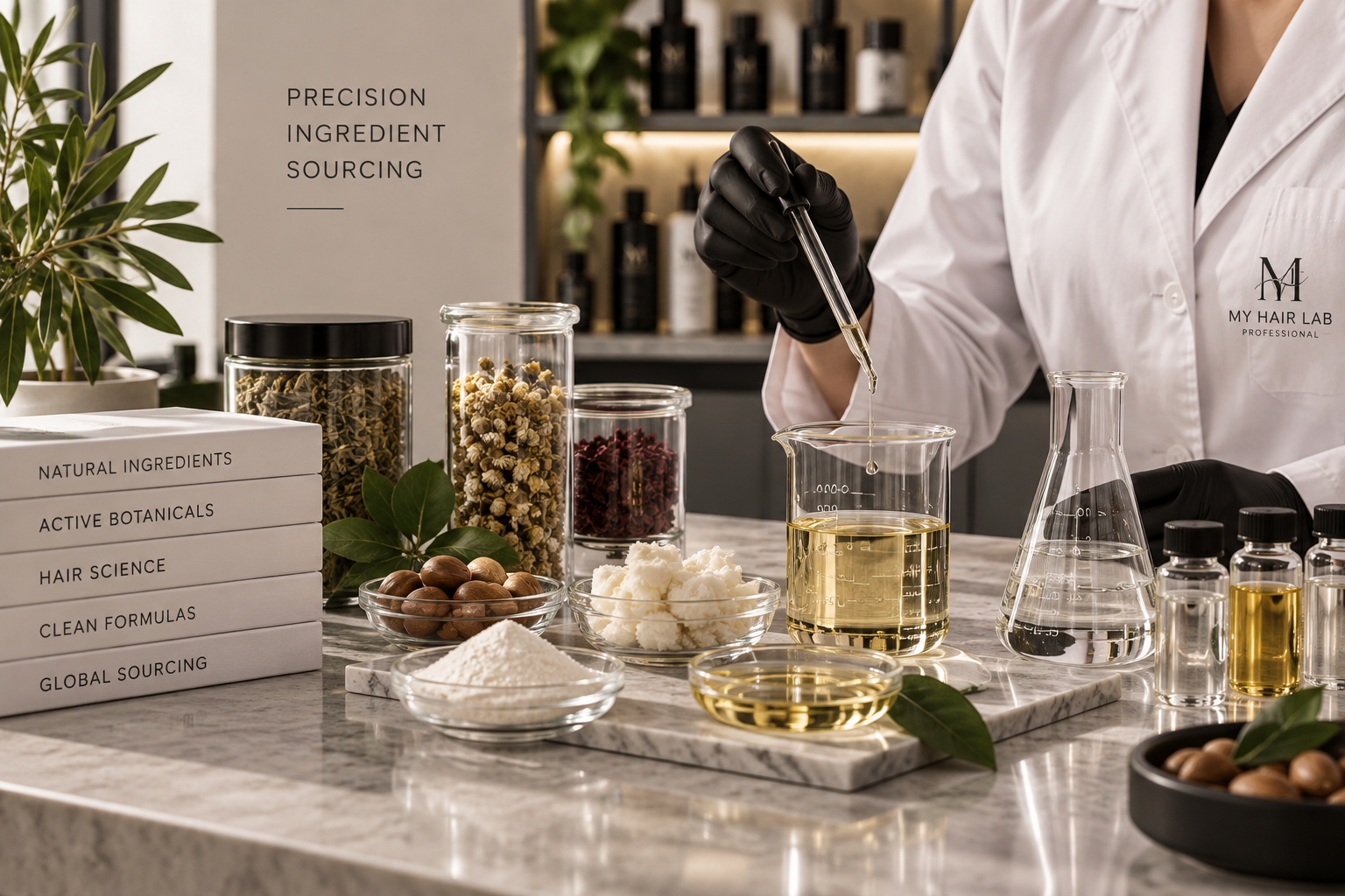 Laboratory precision scales measuring raw botanical hair care ingredients