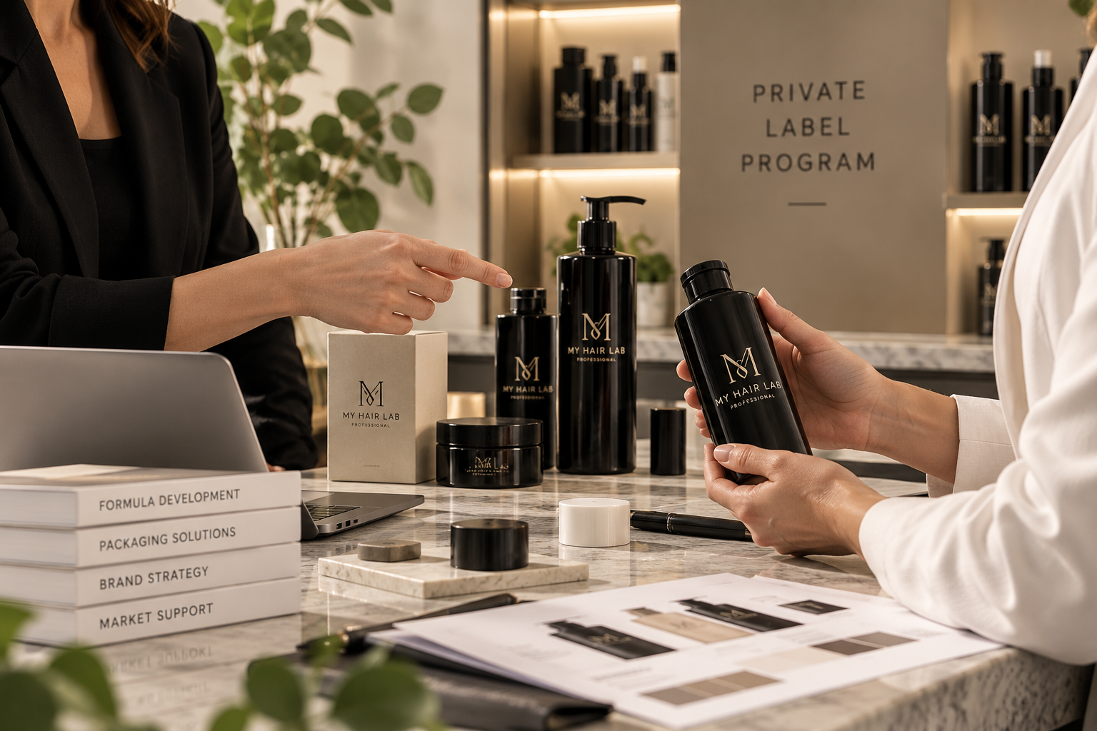 Minimalist hair care bottles and botanical formulation samples in an architectural studio setting