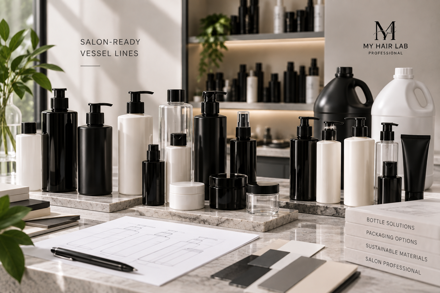 Finished professional private label haircare bottles and jars on studio stone