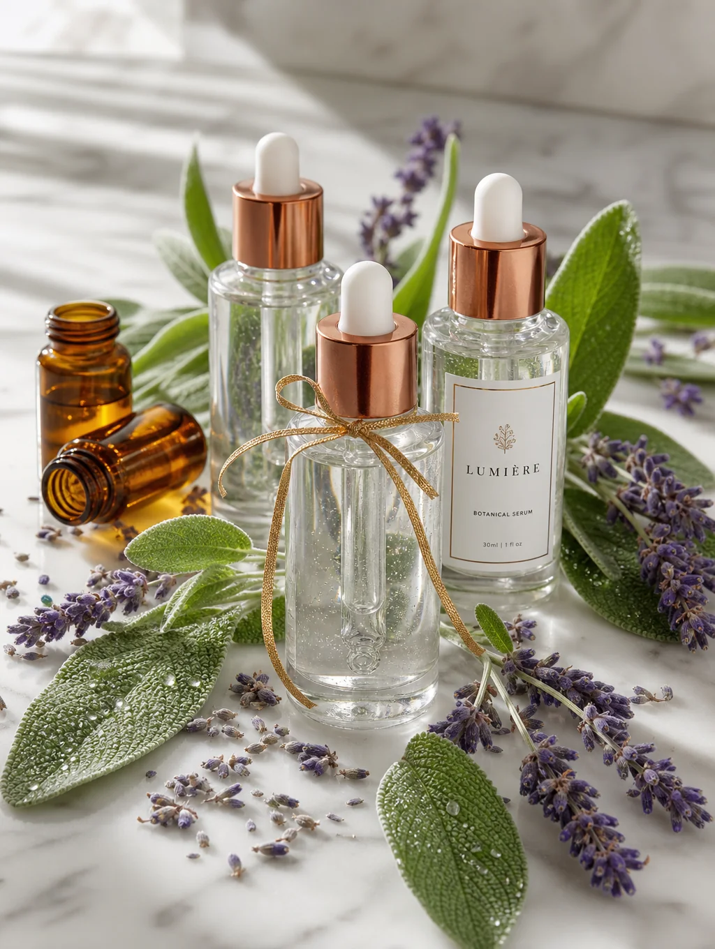 Luxury private-label amber bottles with bespoke salon typography on dark stone