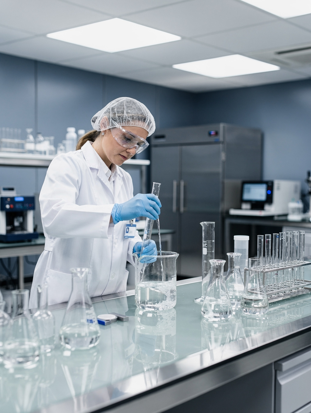 Formulation chemist testing hair care solutions in laboratory beaker
