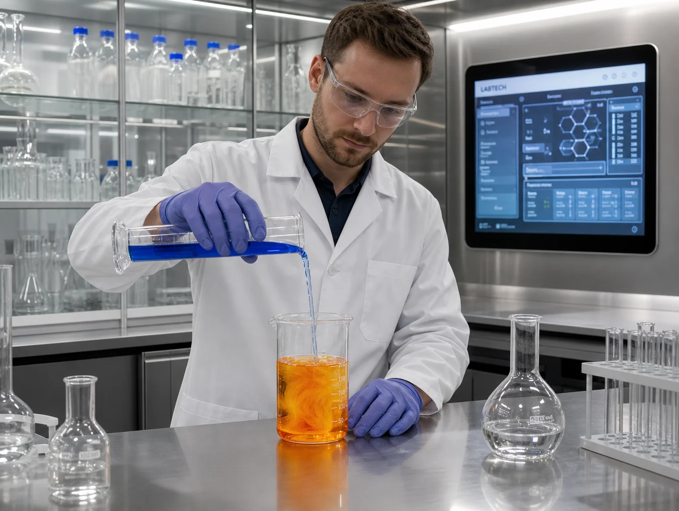 Chemist developing custom hair care formulations in a modern dark atelier laboratory