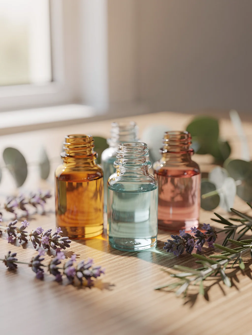 Raw botanical extracts and aromatic formulation ingredients in glass dishes