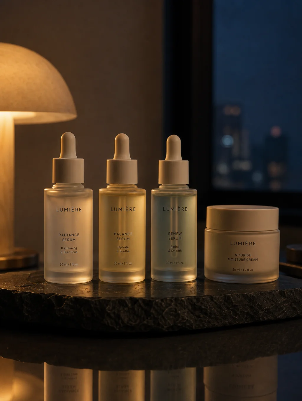 Luxurious hair care botanical emulsion and serum textures on dark basalt stone