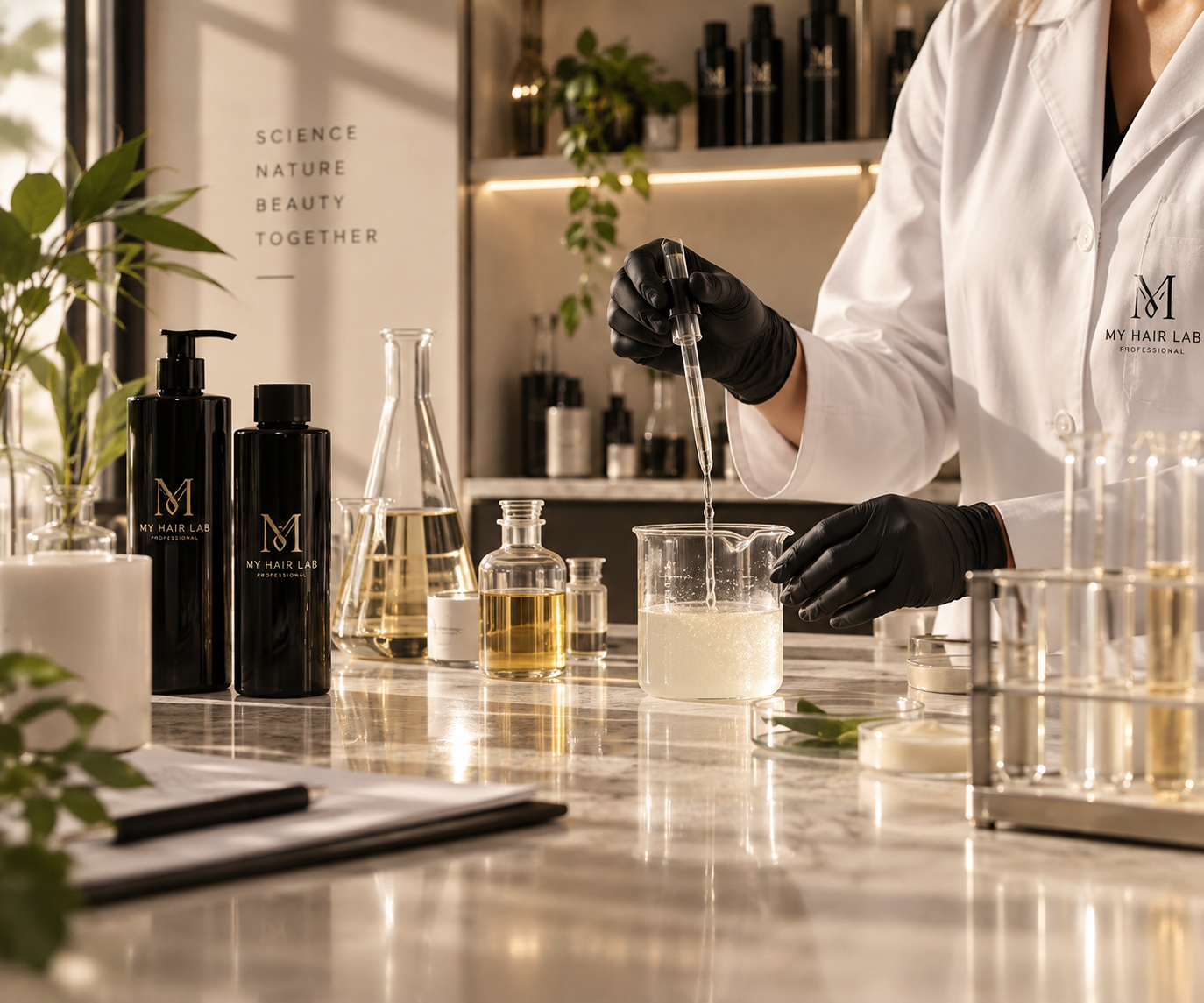 Lab technician precisely formulating hair care solution in a beaker