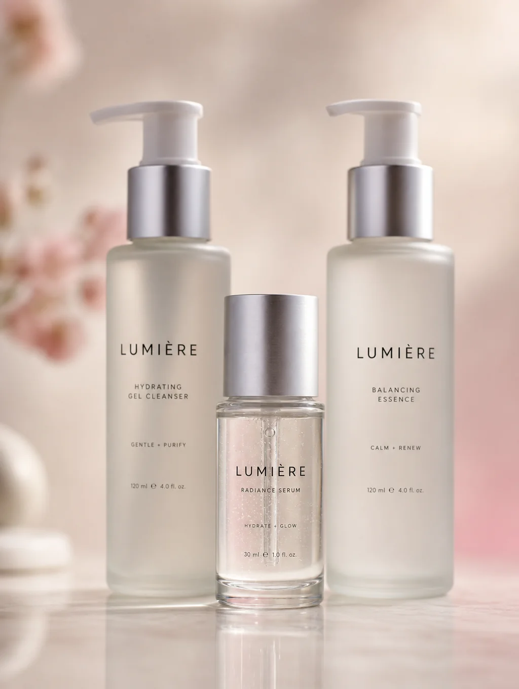 Minimalist amber glass bottles and matte black pump containers