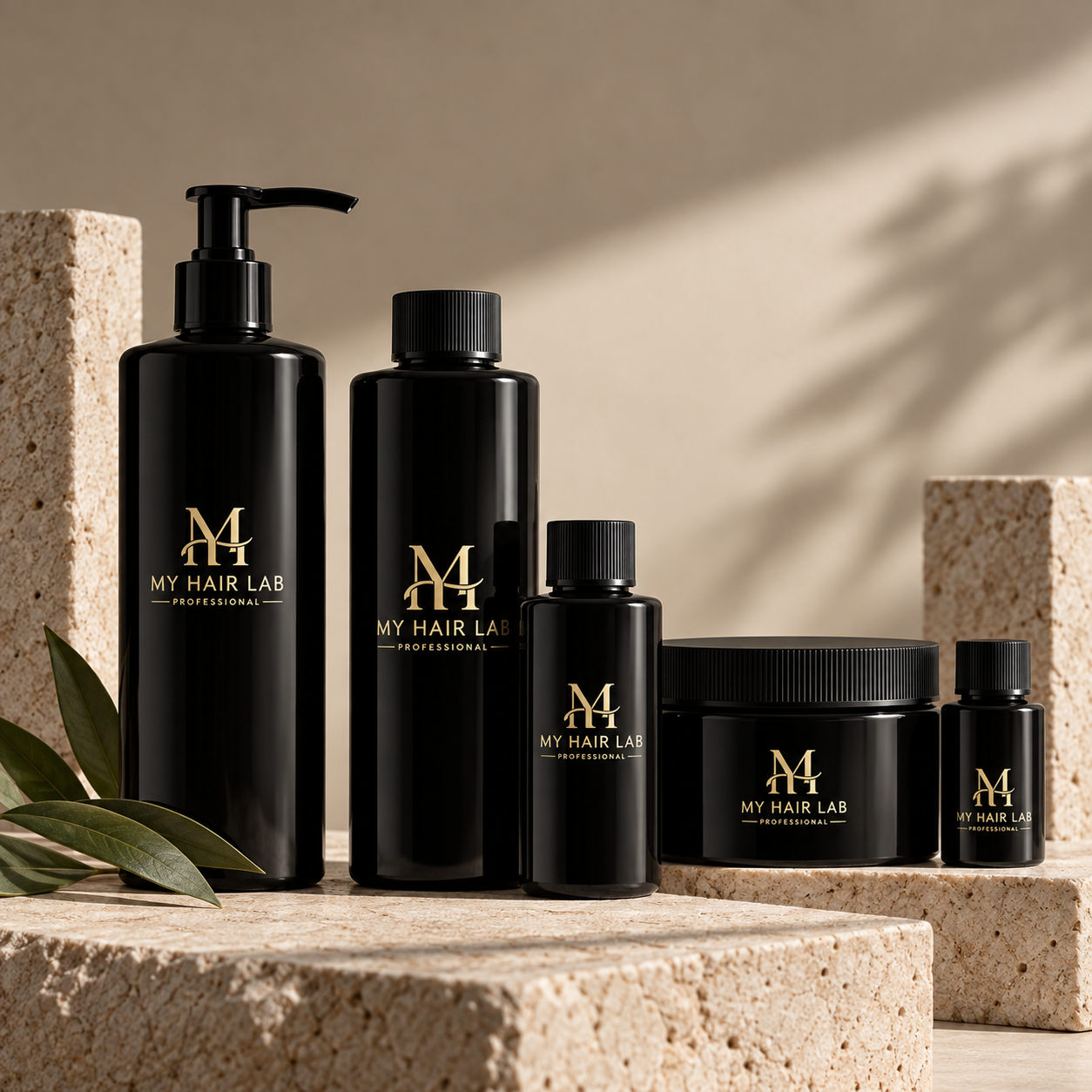 Minimalist blank cosmetic bottles and jars arranged on studio slate