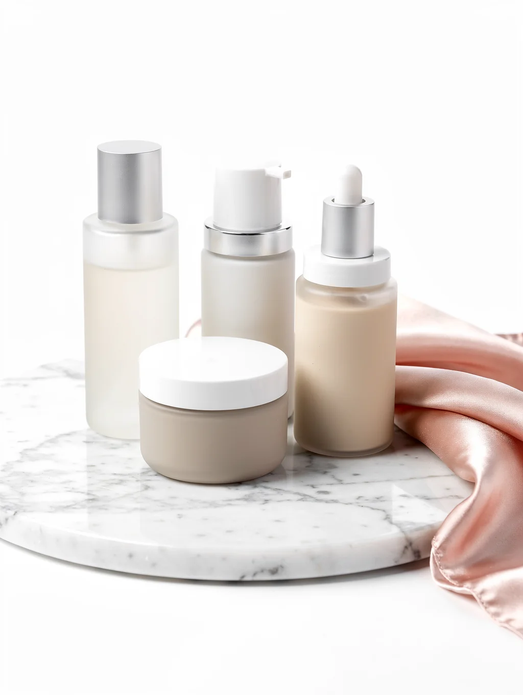 Minimalist hair care bottles and botanical formulation samples in an architectural studio setting
