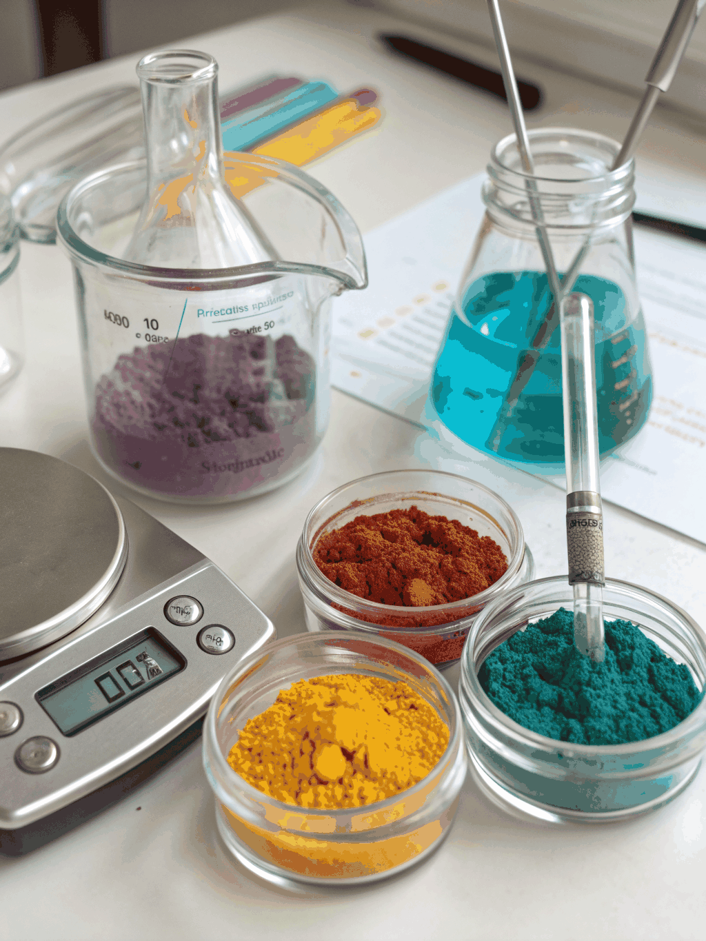 Laboratory precision scales measuring raw botanical hair care ingredients