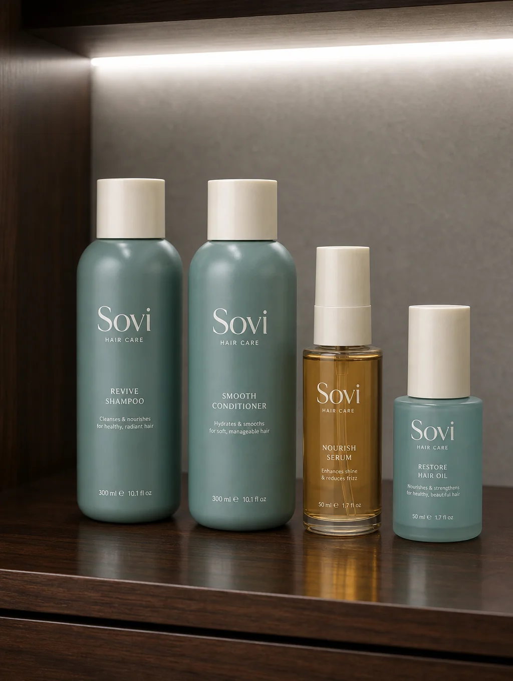Finished professional private label haircare bottles and jars on studio stone