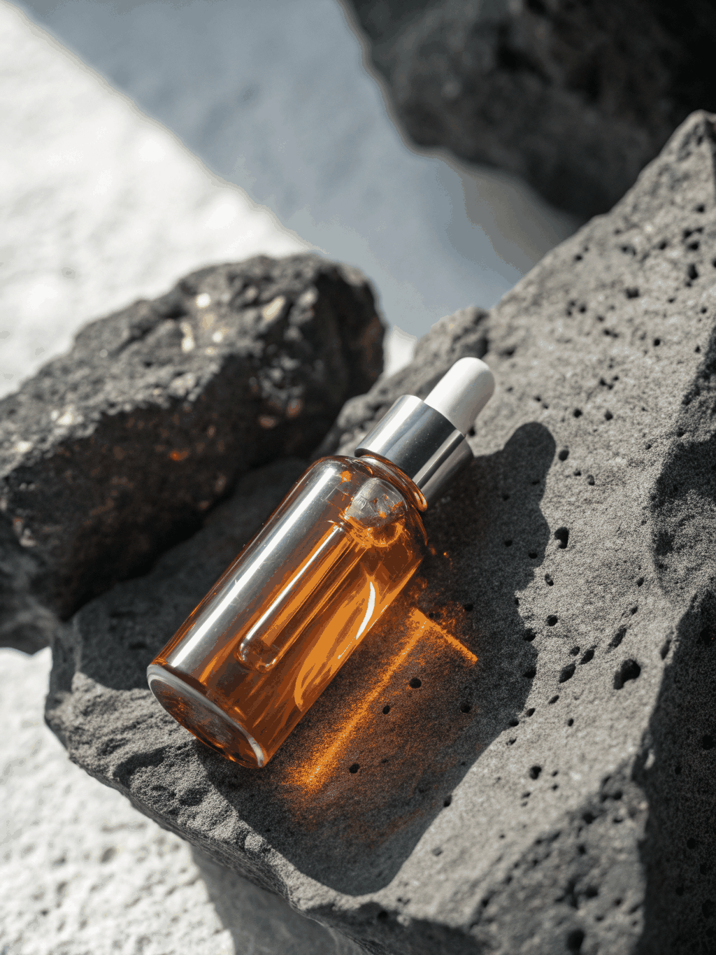 Minimalist amber bottle of private label Hydrating Repair Shampoo on dark studio stone